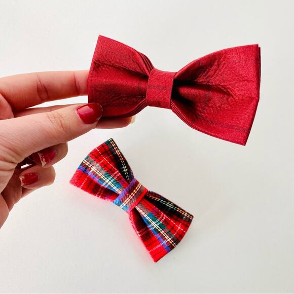 3/$20 NEW HANDMADE Red Solid Plaid Tartan Print Dog Cat Collar Elastic Bow Tie - Picture 1 of 5